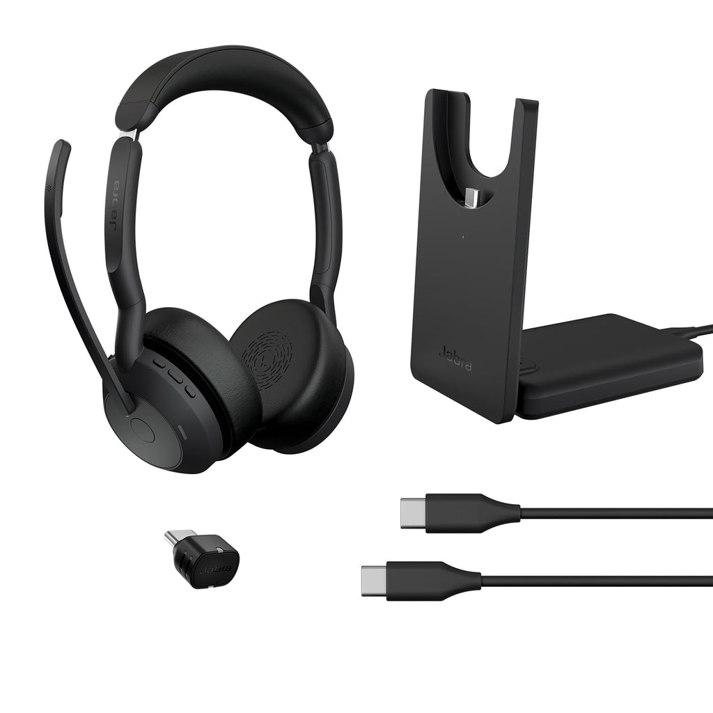 Jabra Evolve2 55 Link 390/380c UC USB-C Stereo with Charging Stand, Air Comfort Technology, Noise-Cancelling Mics, and ANC - Works with UC Platforms Such as Zoom and Google Meet - Black