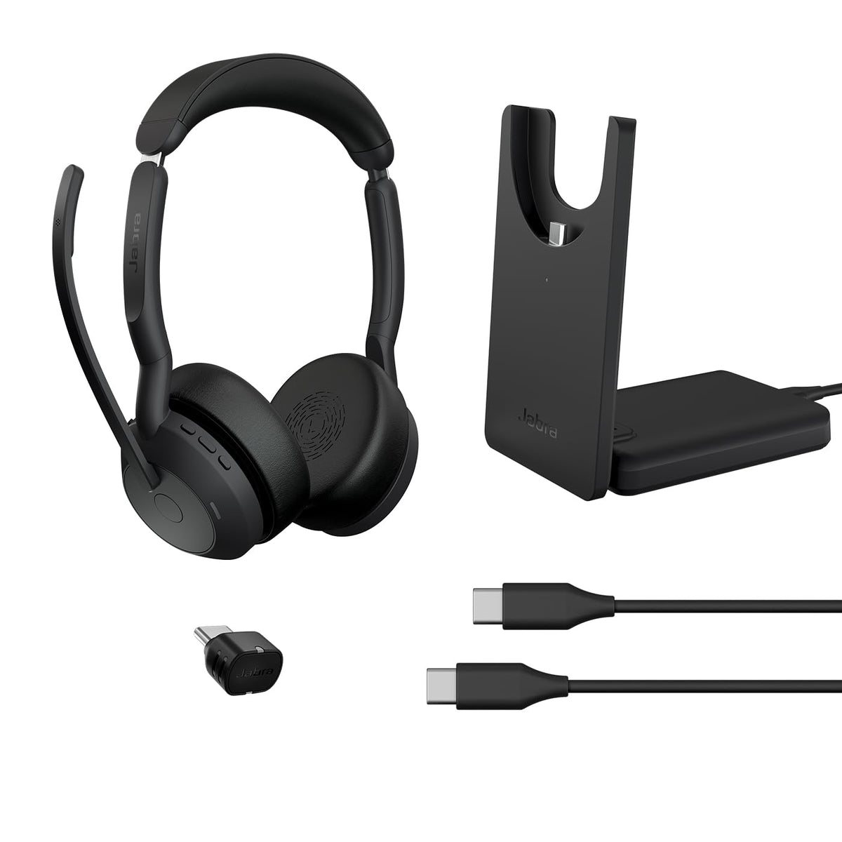 Jabra Evolve2 55 Link 390/380c UC USB-C Stereo with Charging Stand, Air Comfort Technology, Noise-Cancelling Mics, and ANC - Works with UC Platforms Such as Zoom and Google Meet - Black