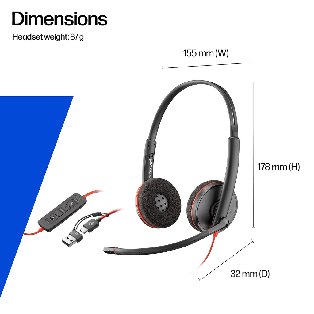 Poly (Plantronics) Blackwire 3220 Stereo Headset, On Ear w/Noise-canceling mic, 118g, Connect to Mobile/Tablet via USB-C/A, Lightweight Metal Headband, Dynamic EQ, Hi-Fi Stereo, Black, 9P7X8AA