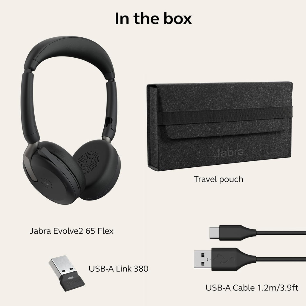 Jabra Evolve2 65 Flex USB-A MS Wireless Bluetooth Headset | Microsoft Teams Certified | Hybrid ANC Office Headset with Foldable Design