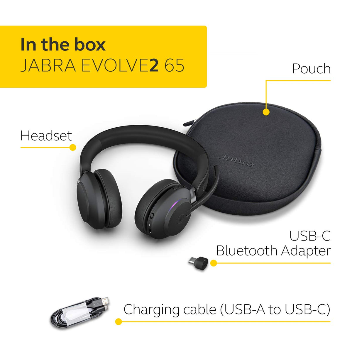 Jabra Evolve2 65 Link 390/380a Wireless PC Headset – Noise Cancelling Microsoft Teams Certified Stereo Headphones with Long-Lasting Battery – USB-C Bluetooth Adapter – Black