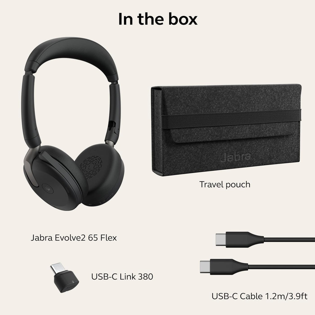 Jabra Evolve2 65 Flex MS Teams Wireless Bluetooth Headset with USB-C Adapter, Hybrid ANC Headphones, Foldable Business Headset, ClearVoice Mic, 20Hr Talk Time, Portable Office Headphones.