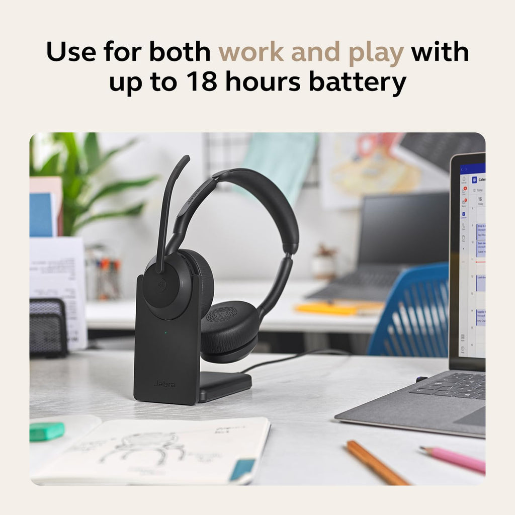 Jabra Evolve2 55 Link 390/380c UC USB-C Stereo with Charging Stand, Air Comfort Technology, Noise-Cancelling Mics, and ANC - Works with UC Platforms Such as Zoom and Google Meet - Black