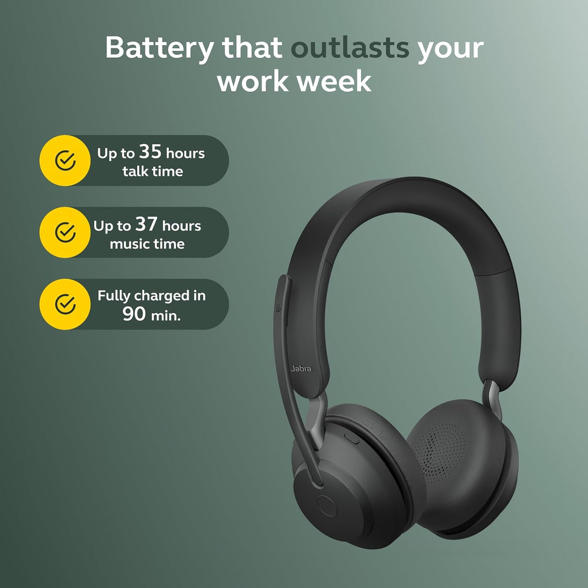 Jabra Evolve2 65 Bluetooth Wireless Headset with Mic for Calls and Music, Dual-Ear Headphones with USB-A Adapter, Up to 37 Hours Battery, Noise-Cancelling, Works with Online Meeting Apps, Black (193)