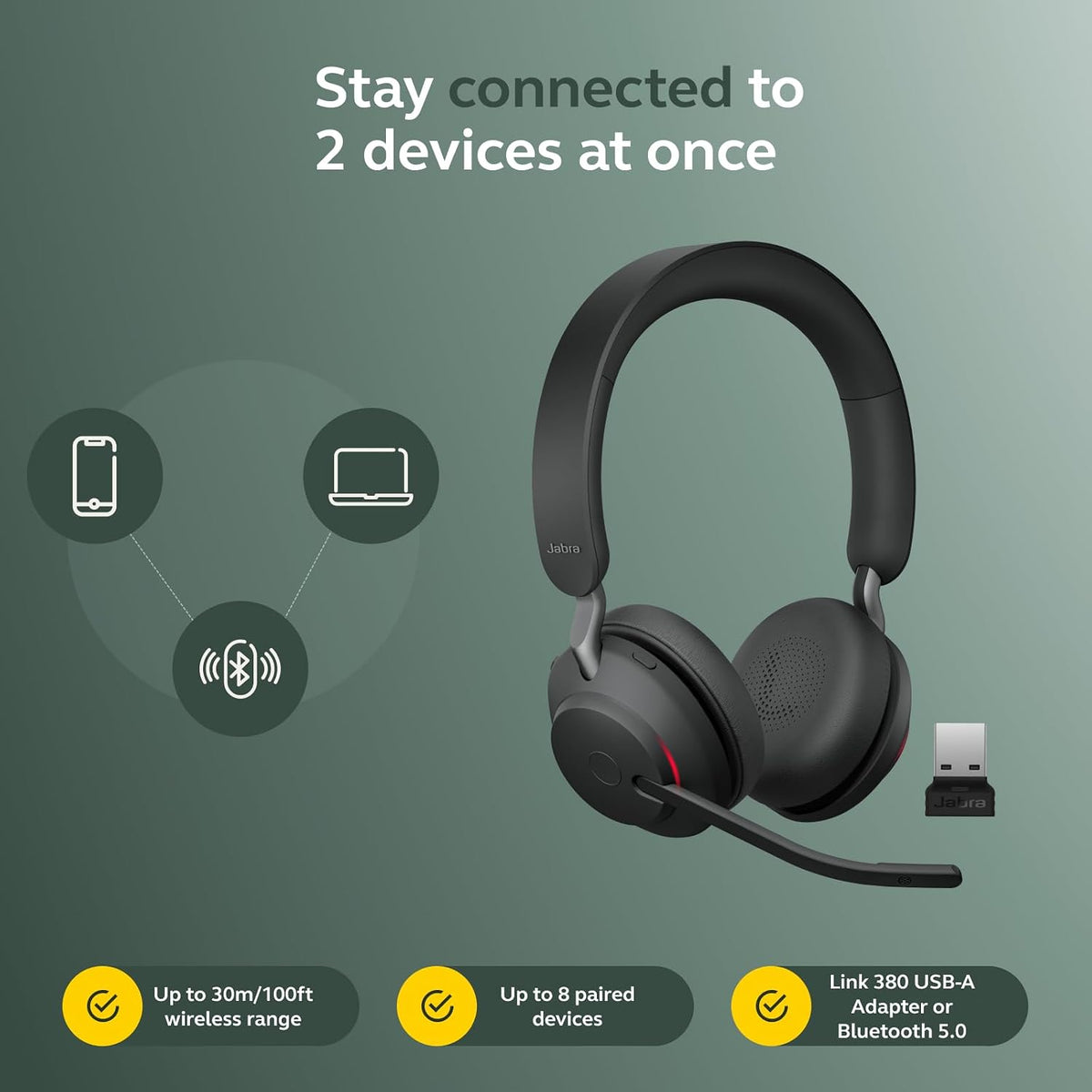 Jabra Evolve2 65 Bluetooth Wireless Headset with Mic for Calls and Music, Dual-Ear Headphones with USB-A Adapter, Up to 37 Hours Battery, Noise-Cancelling, Works with Online Meeting Apps, Black (193)