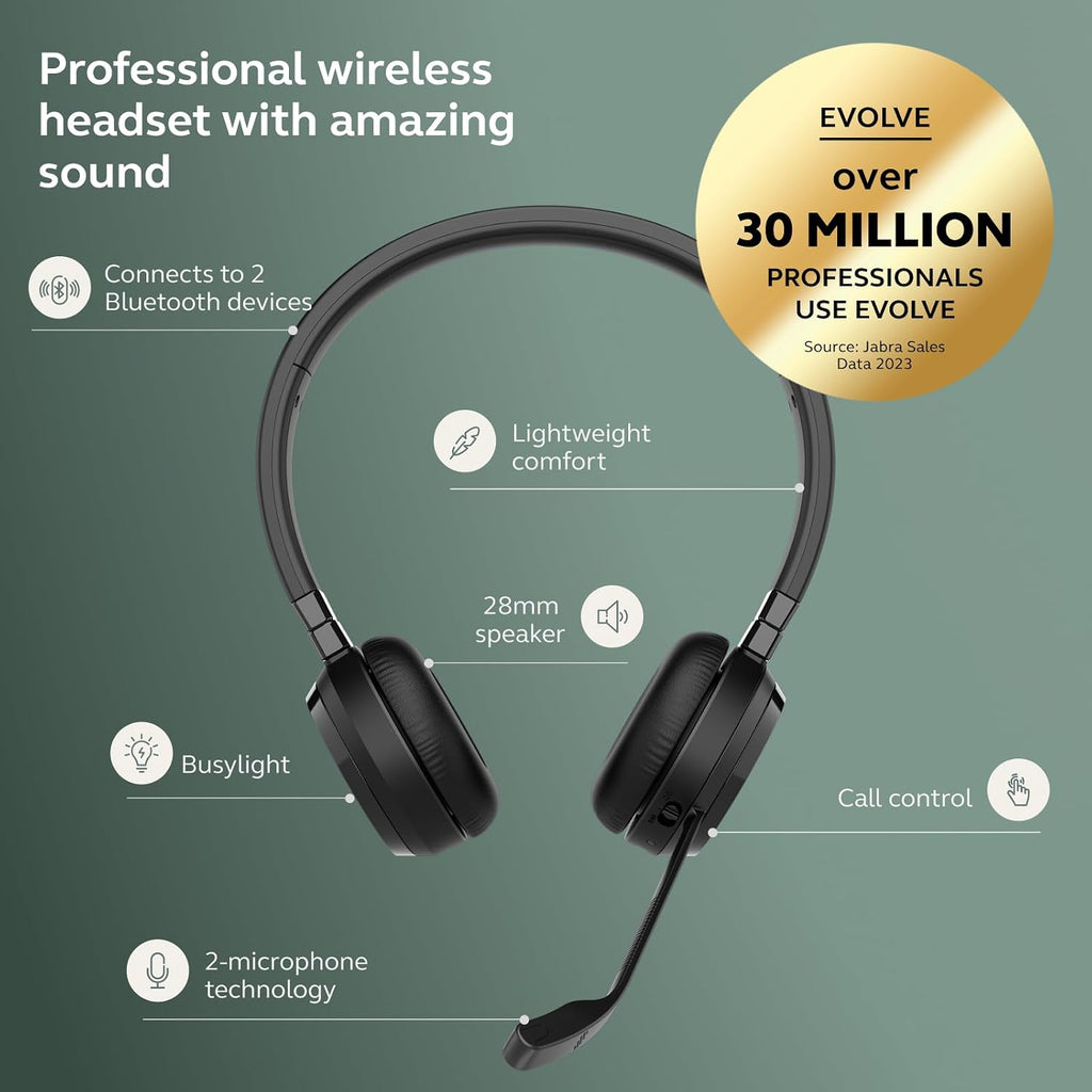 Jabra Evolve 65 TE MS Bluetooth Headset with Mic | Wireless Stereo Office Headphones | Teams Certified | USB-A Link 390 | Work from Home Headset for PC & Mobile.