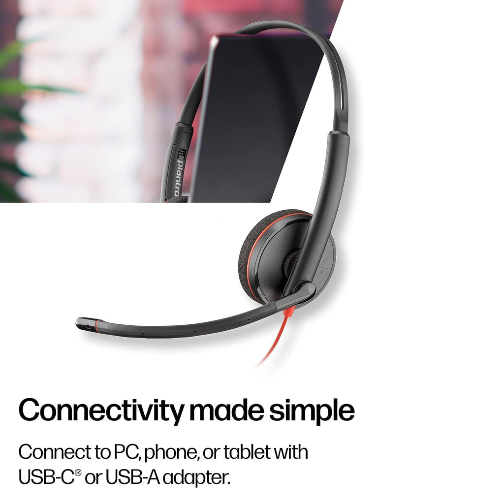 Poly (Plantronics) Blackwire 3220 Stereo Headset, On Ear w/Noise-canceling mic, 118g, Connect to Mobile/Tablet via USB-C/A, Lightweight Metal Headband, Dynamic EQ, Hi-Fi Stereo, Black, 9P7X8AA