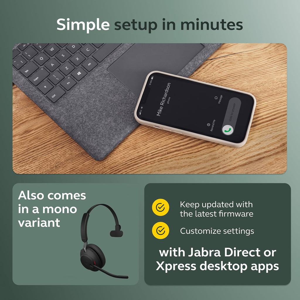 Jabra Evolve2 65 Bluetooth Wireless Headset with Mic for Calls and Music, Dual-Ear Headphones with USB-A Adapter, Up to 37 Hours Battery, Noise-Cancelling, Works with Online Meeting Apps, Black (193)