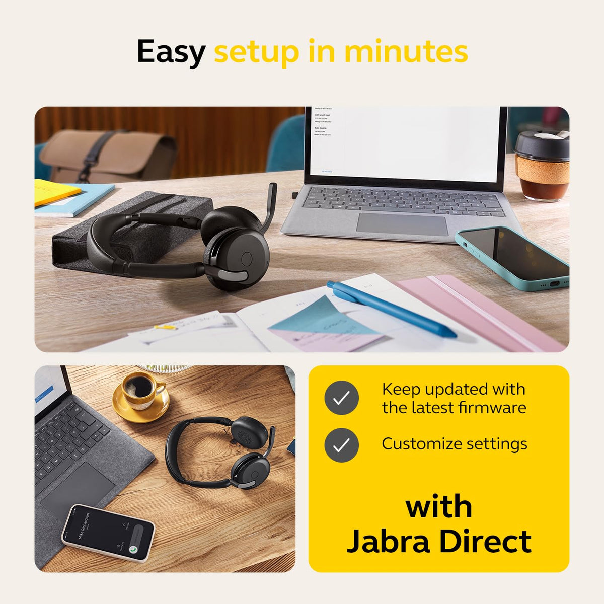 Jabra Evolve2 65 Flex MS Teams Wireless Bluetooth Headset with USB-C Adapter, Hybrid ANC Headphones, Foldable Business Headset, ClearVoice Mic, 20Hr Talk Time, Portable Office Headphones.