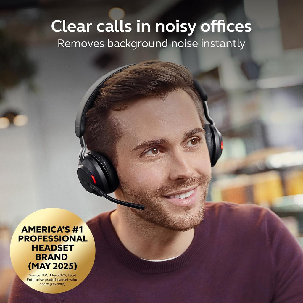 Jabra Evolve2 65 Bluetooth Wireless Headset with Mic for Calls and Music, Dual-Ear Headphones with USB-A Adapter, Up to 37 Hours Battery, Noise-Cancelling, Works with Online Meeting Apps, Black (193)