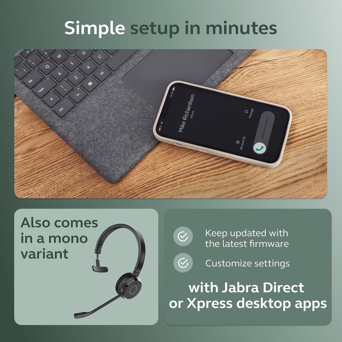 Jabra Evolve 65 TE MS Bluetooth Headset with Mic | Wireless Stereo Office Headphones | Teams Certified | USB-A Link 390 | Work from Home Headset for PC & Mobile.