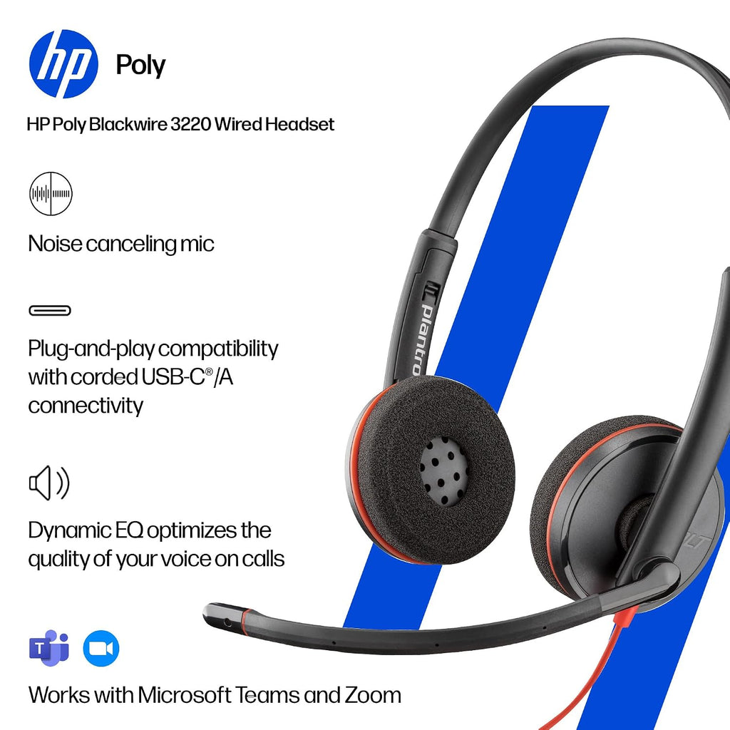 Poly (Plantronics) Blackwire 3220 Stereo Headset, On Ear w/Noise-canceling mic, 118g, Connect to Mobile/Tablet via USB-C/A, Lightweight Metal Headband, Dynamic EQ, Hi-Fi Stereo, Black, 9P7X8AA